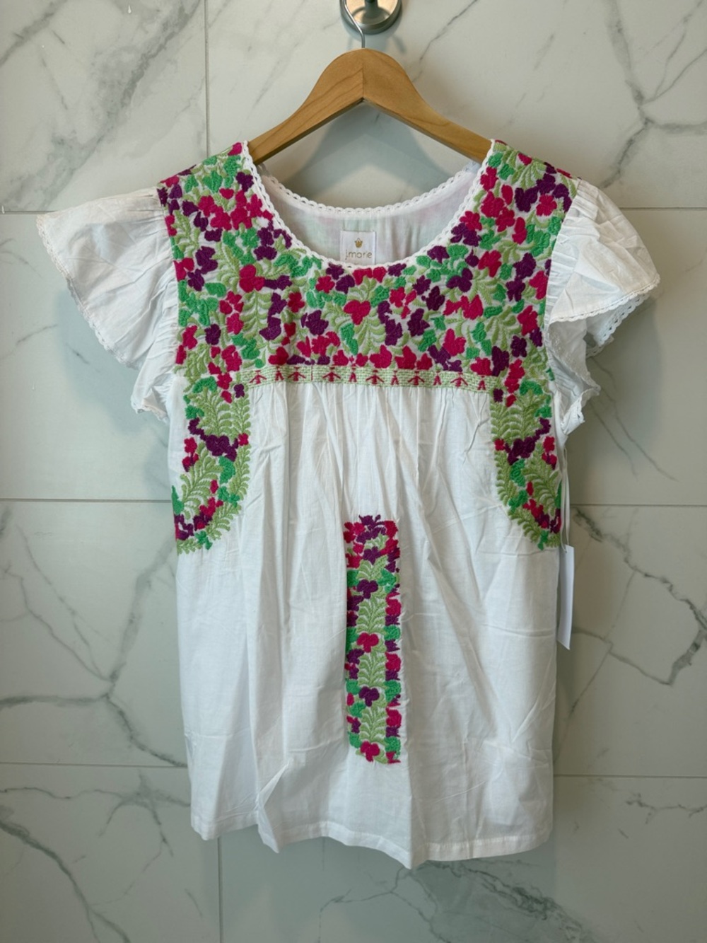 J. Marie White Embroidered Floral Peasant Top with Pink & Green Flowers